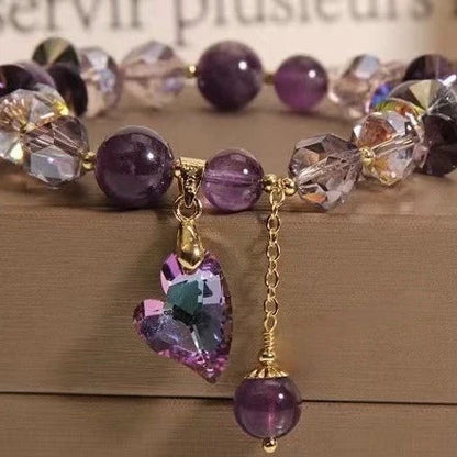 Natural amethyst heart-shaped pendant bracelet in antique style with geometric design