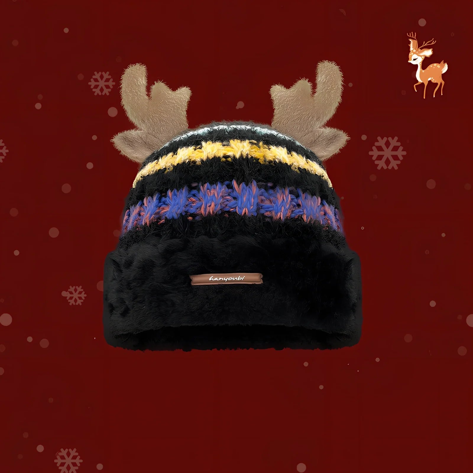 Christmas knitted beanie with deer antlers in multiple colours for winter warmth