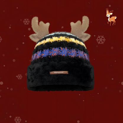 Christmas knitted beanie with deer antlers in multiple colours for winter warmth