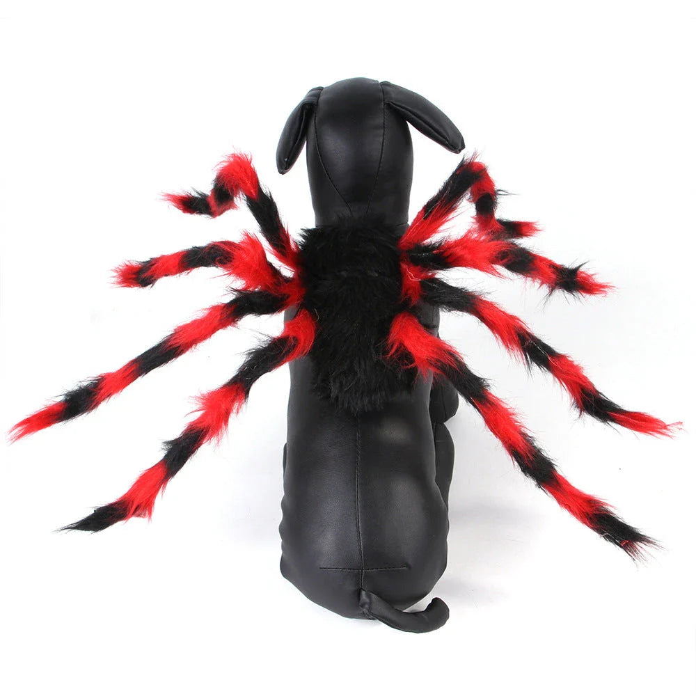 Spooky spider pet costume in red and black colors, designed for cats, dogs, and other small pets to wear for Halloween