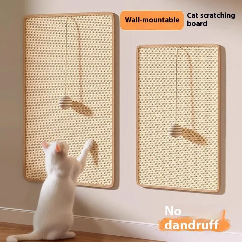 Linen cat scratch board in beige colour with hanging ball, 30x60cm size on a pet bed