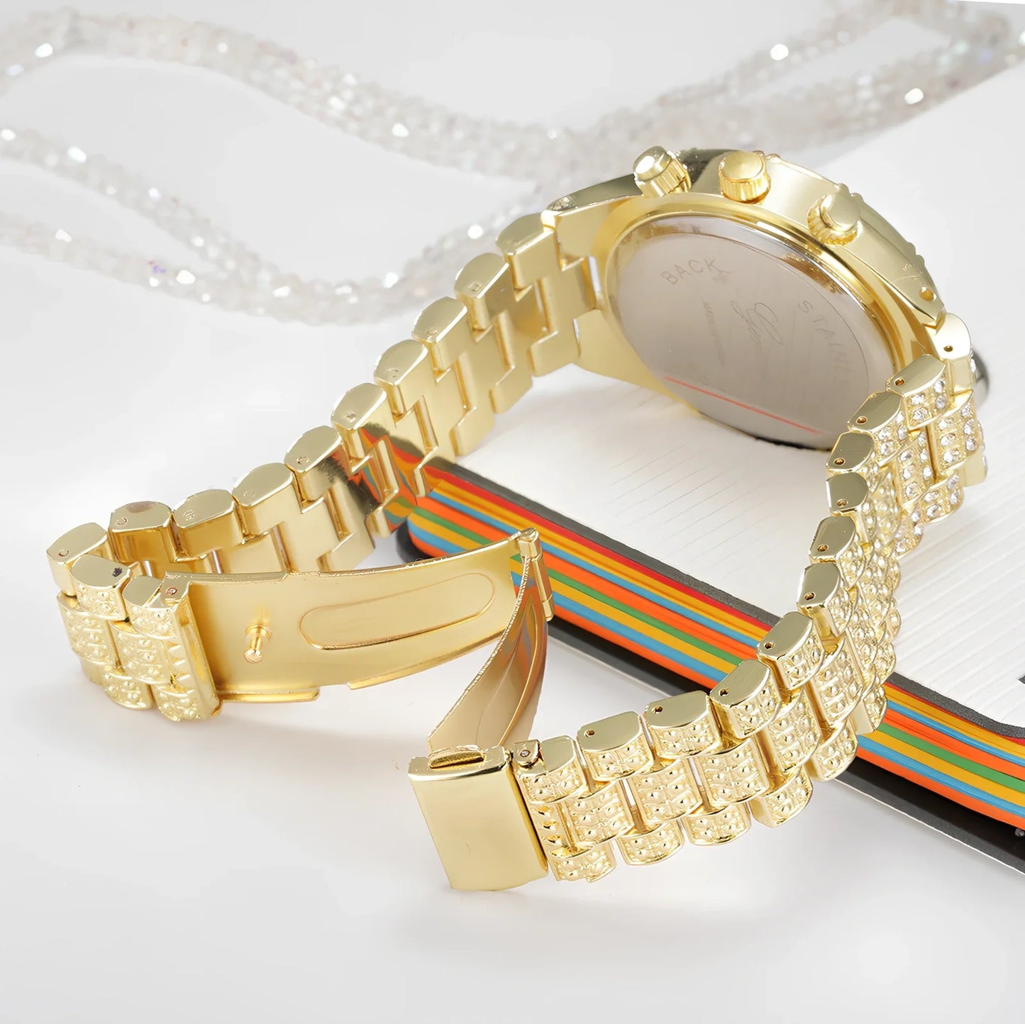 Women's gold crystal quartz analog watch with 38mm stainless steel dial and 22cm band