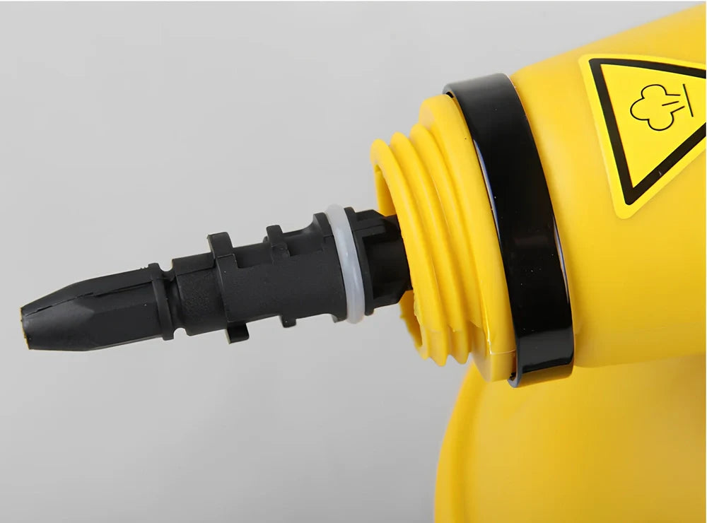 Yellow handheld steam cleaner with 450ml tank, 26 x 21cm size, 1882g weight for home sanitising