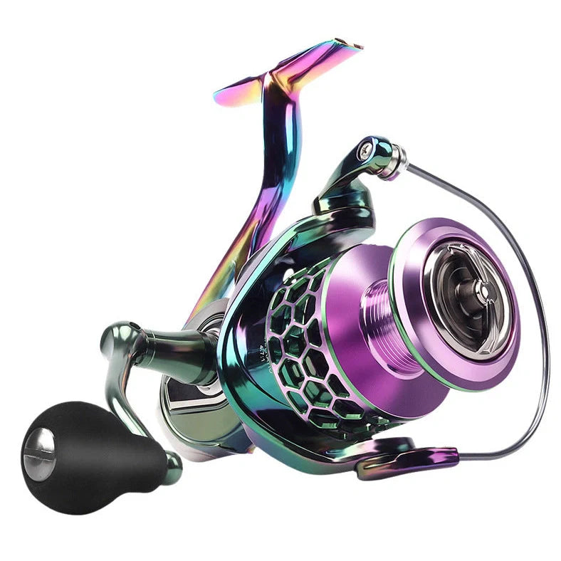 All-metal spinning fishing reel with stainless steel bearings, available in four models (SG1000 to SG4000) offering braking forces from 10kg to 18kg and weights from 230g to 310g for saltwater angling.