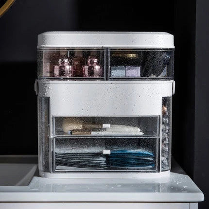 Large capacity LED makeup organizer with mirror and jewelry storage in apricot and grey
