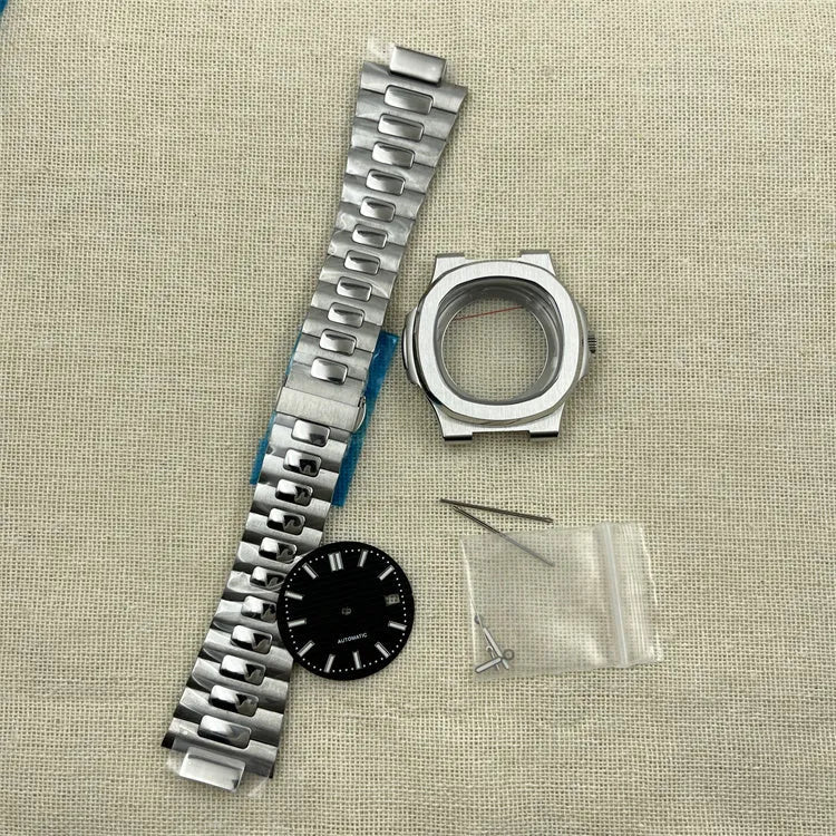 Watch assembly kit with precision steel case and band, 42mm diameter, push crown, silver black colour