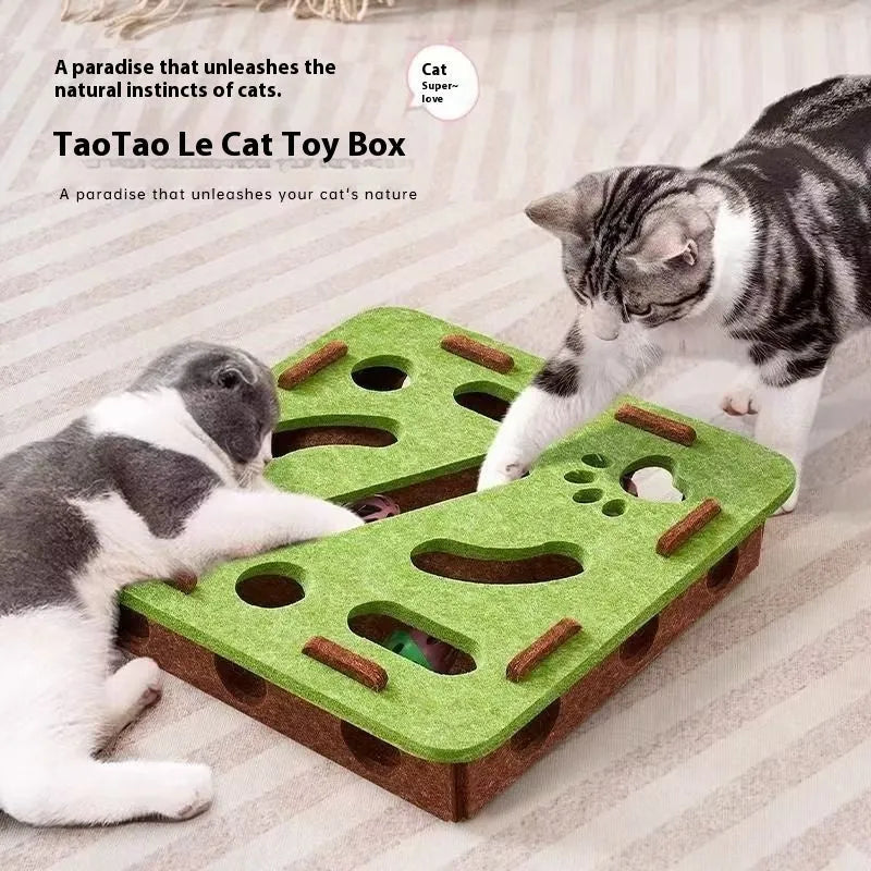 Green brown felt cube cat scratching toy with hollow centre for play.