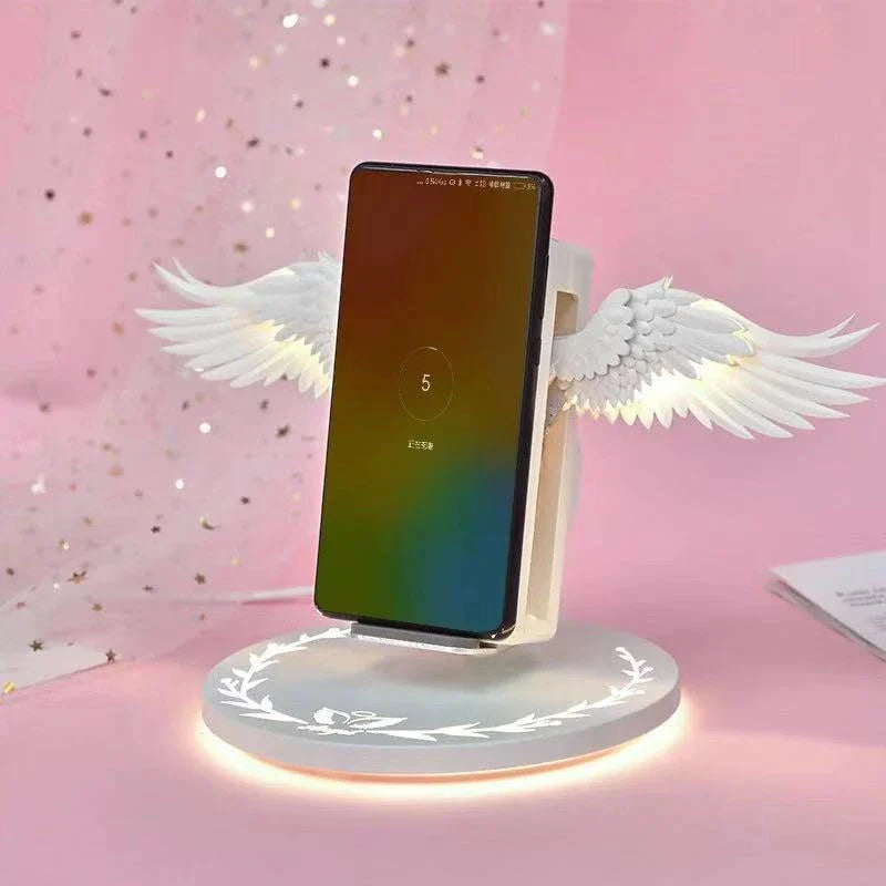 Angel Wings Wireless Charger with unfolding wings and aura base for fast 15W charging