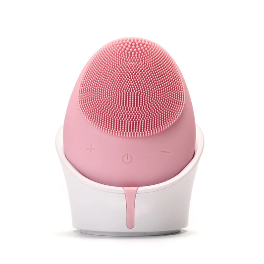 Silicone facial cleansing device with wireless charging base in multiple colours