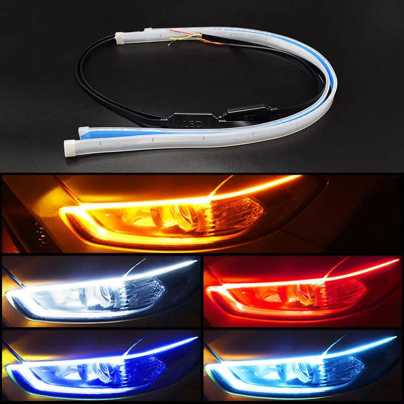 Flexible silicone LED car light strip for daytime running and turn signals, showing wiring connections.
