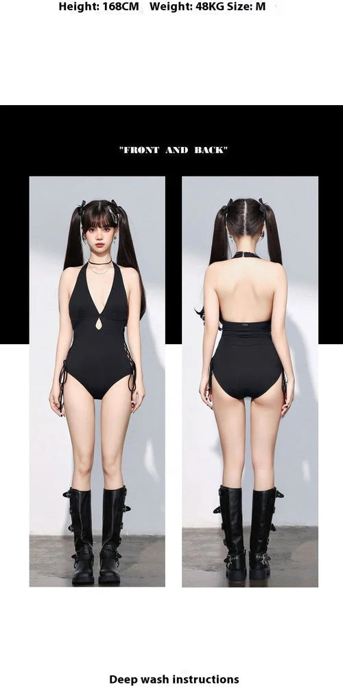 Black women's one-piece swimsuit with V-neck design and hollow straps, polypropylene fibre fabric