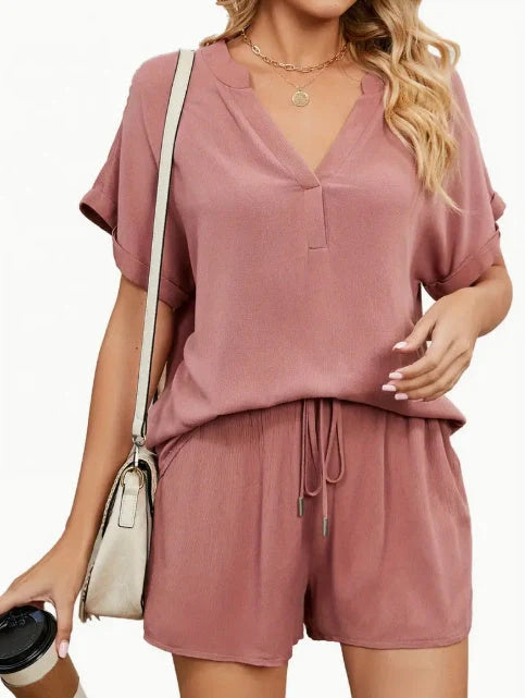 Women's solid color loose fit casual 2-piece summer set in khaki, dark blue, and pink