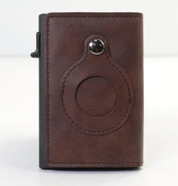 Slim leather wallet with built-in AirTag pocket for men, featuring RFID protection and a minimalist design