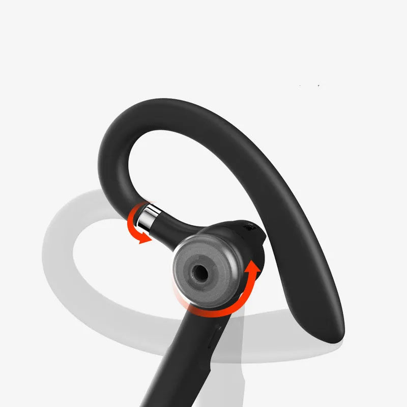 Black mono Bluetooth headset with hanging ear design and IPX6 waterproof rating