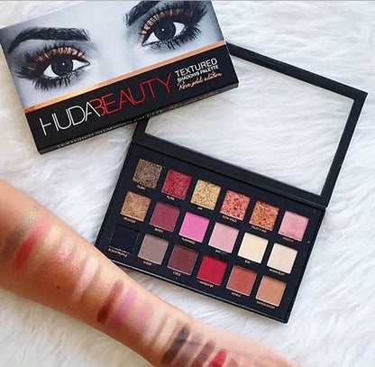 Rose gold eyeshadow palette with 35 warm neutral tones showing matte and shimmer finishes