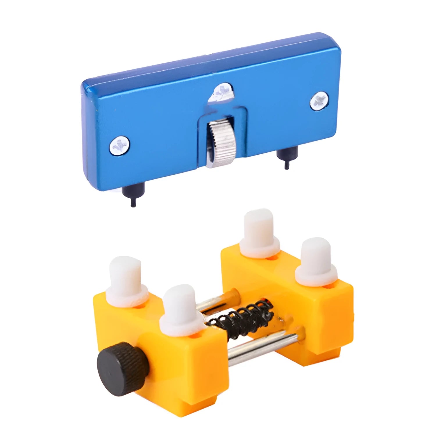 Yellow plastic watch case opener tool and fixing base set for watch repair and battery changes