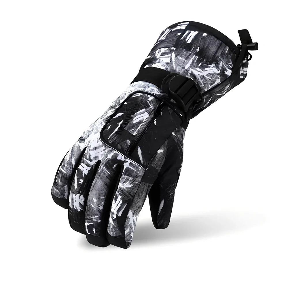 Black ski gloves with diamond-shaped anti-slip palm material for grip and durability, sizes S to XL available
