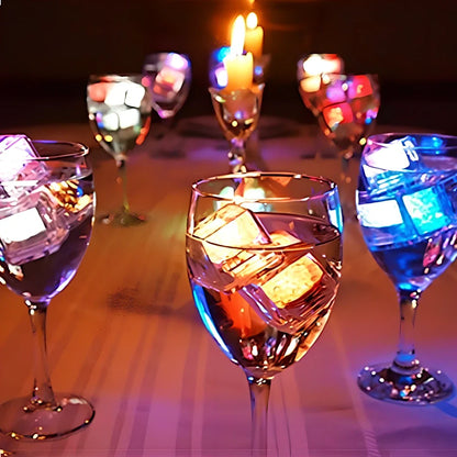 Square colourful LED light ice cube glowing in blue or pink, food-grade for safe drink use, battery-powered 5W