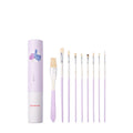 Acrylic gouache paint brush set featuring fan-shaped brushes, a wide brush, and detailing tools on a hook line holder.