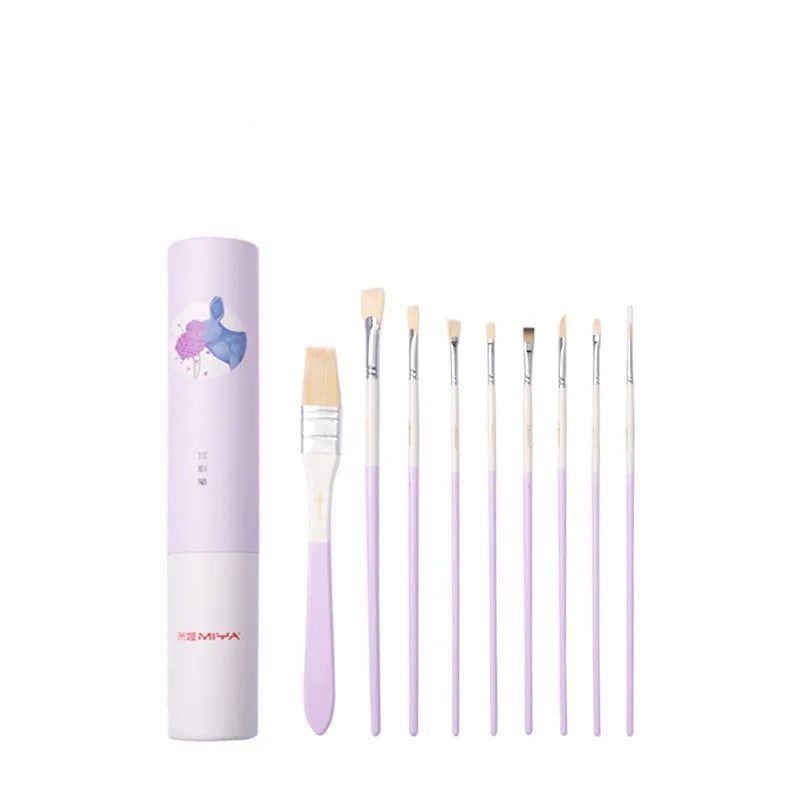 Acrylic gouache paint brush set featuring fan-shaped brushes, a wide brush, and detailing tools on a hook line holder.