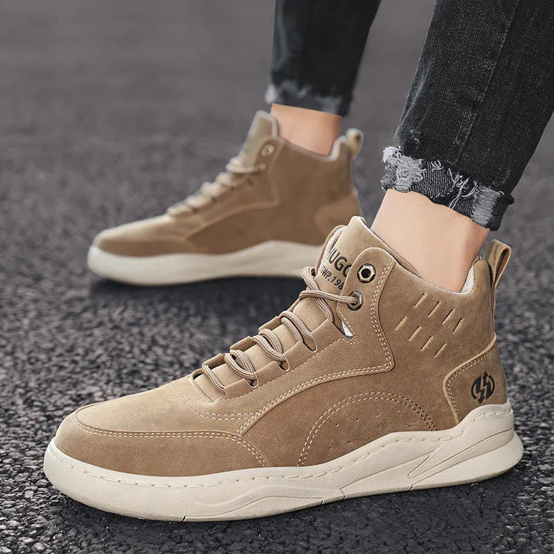 High-top board shoe in khaki with non-slip sole, mesh lining, low heel, round toe, trendy Korean casual style