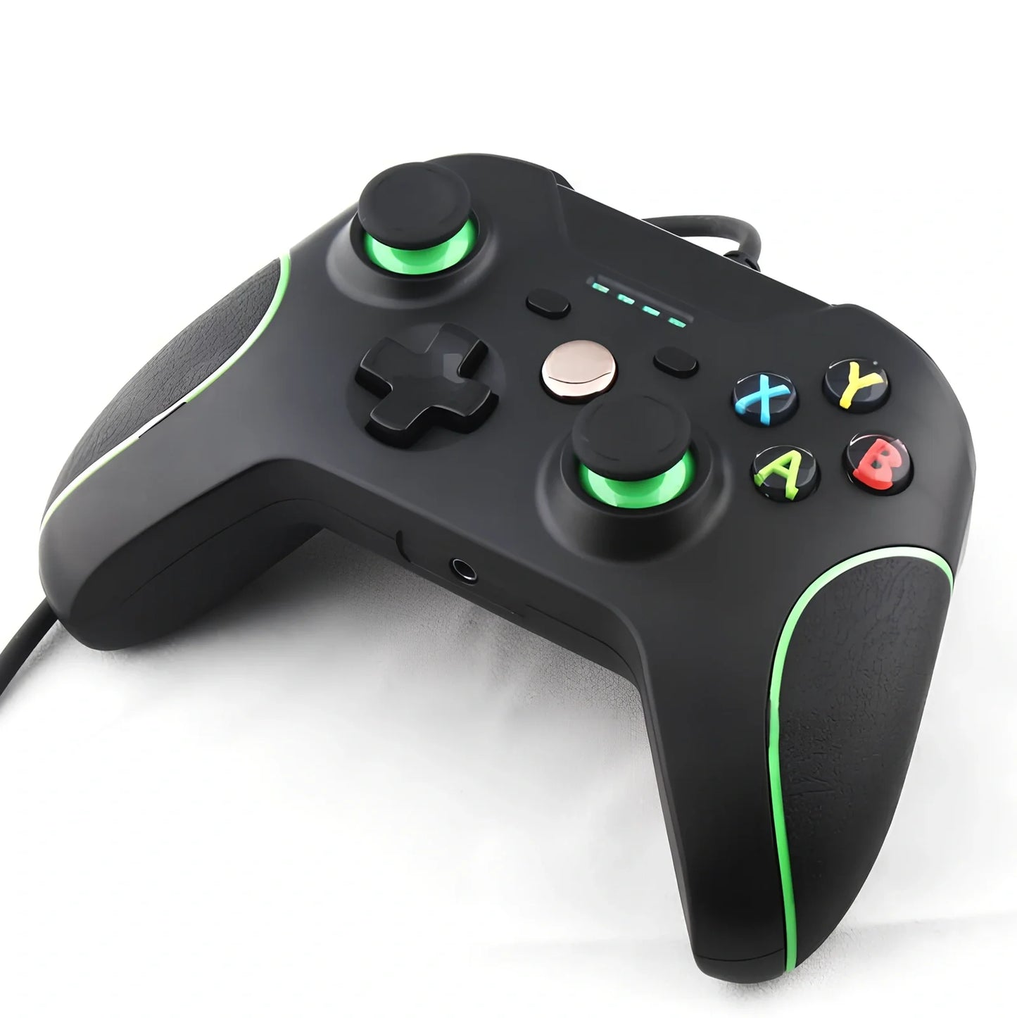 White Xbox One wired USB game controller with ergonomic grips and 2.5m cable on plain background