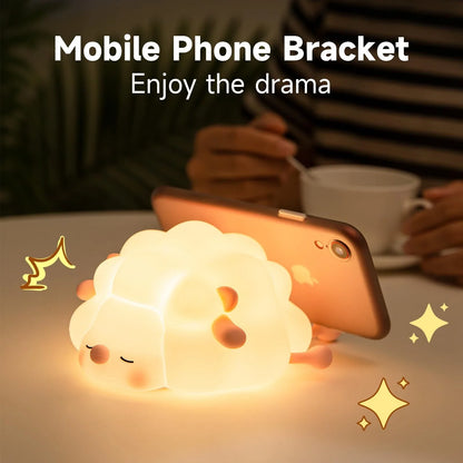 Cozy silicone sheep night light with adjustable brightness, auto-off timer, and USB charging for children's bedroom decor