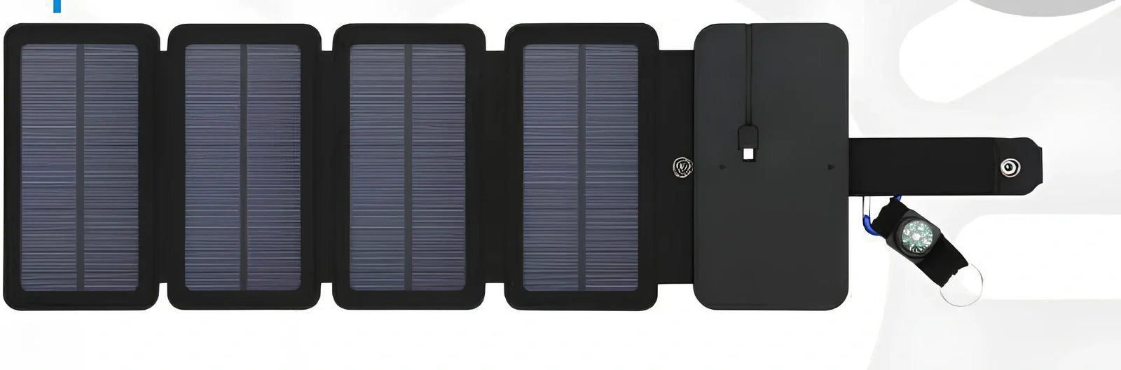 8W folding solar charger with expanded monocrystalline panel showing USB output port