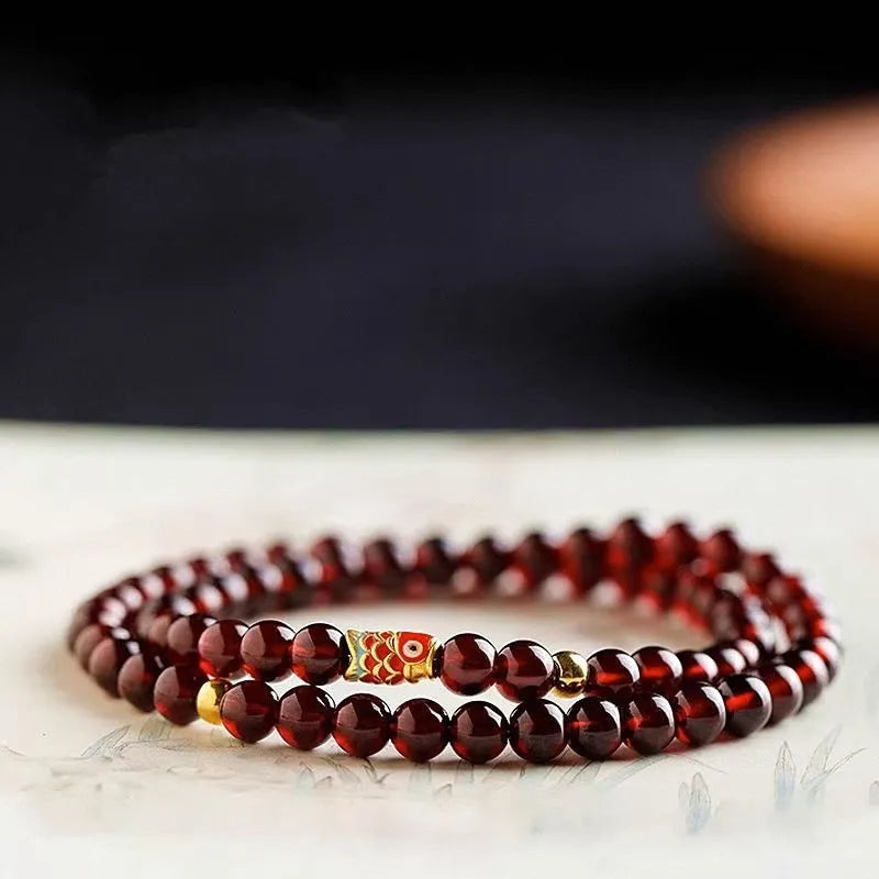 Retro wine red garnet bracelet for women with micro glass beads in New Chinese style design