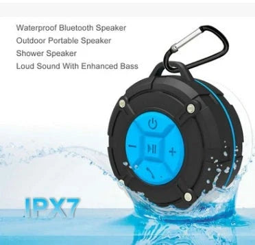 Waterproof Bluetooth speaker in gray and blue options, compact and portable
