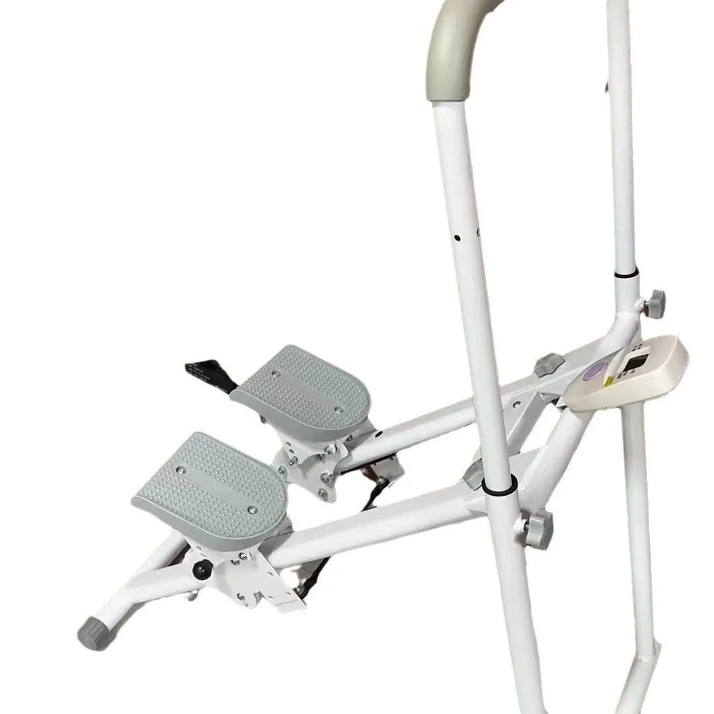 White foldable home fitness machine with integrated treadmill and climbing frame