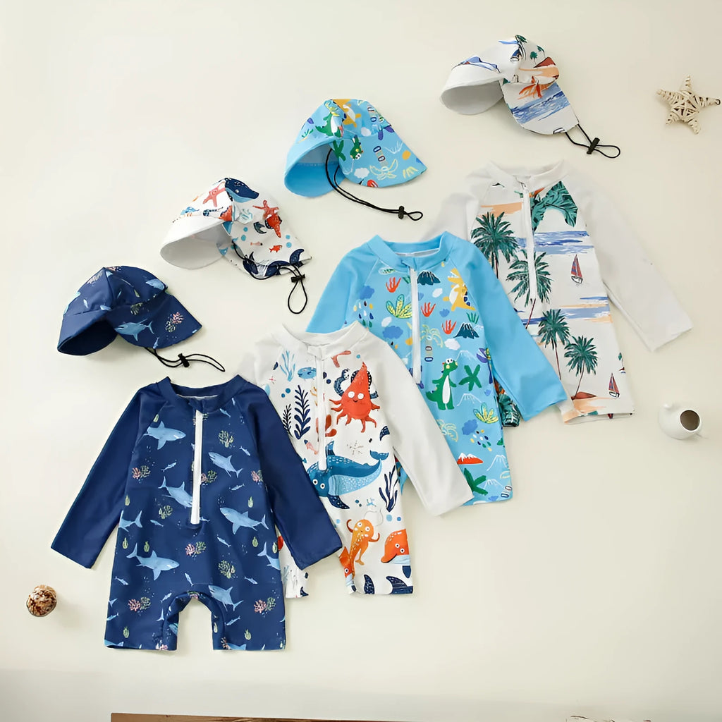 Children’s polyester jumpsuit swimsuit with hat in dark blue shark design, size 100