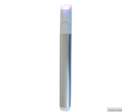 Silver grey acne treatment device with red and blue light therapy, battery-powered design