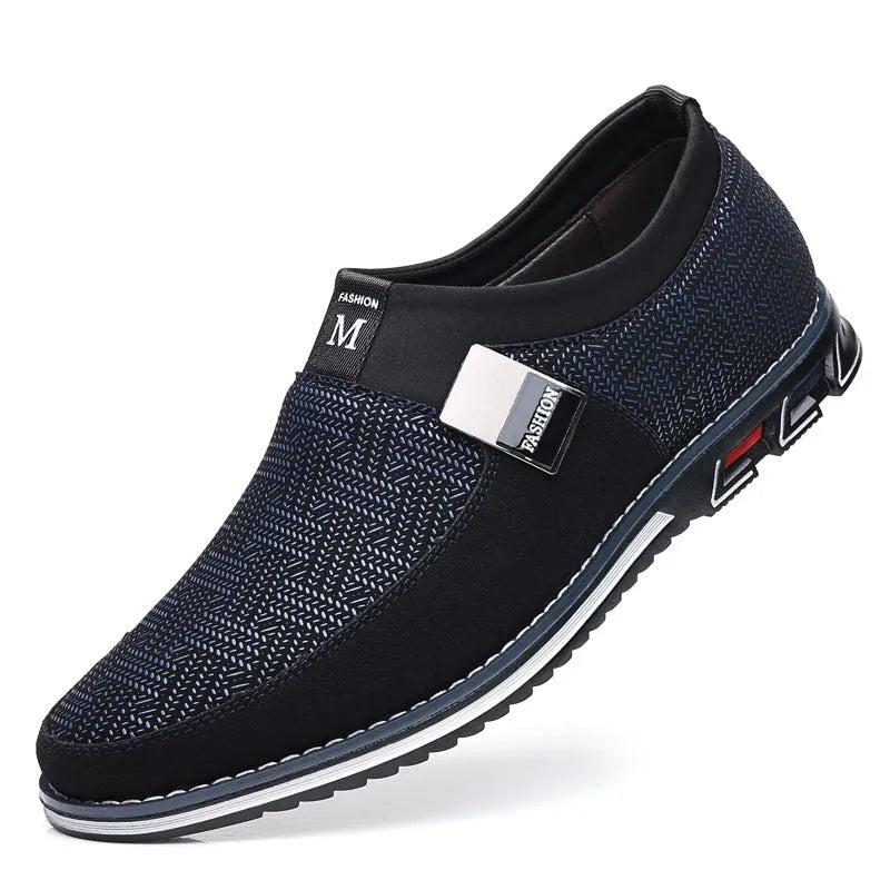 Men's black synthetic leather slip-on casual shoes with a square toe and flat rubber sole.