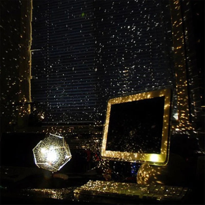 LED starry sky projector night light showing constellation projection on bedroom ceiling with remote control