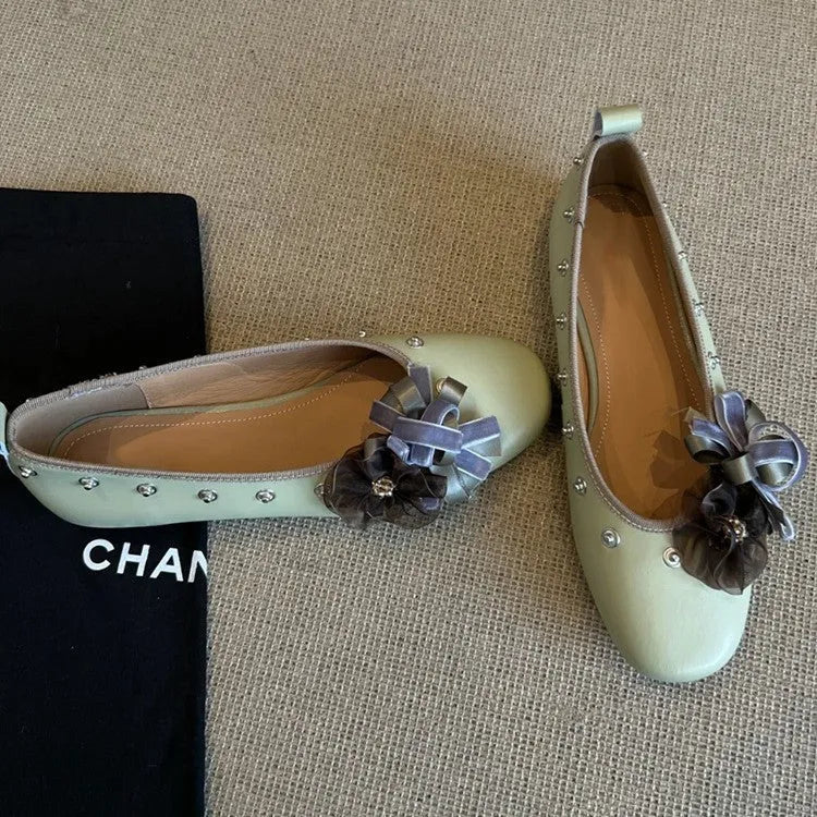 Sheepskin DIY Mary Jane shoes with buckle, flat rubber sole, in silver, black, or green for adding flower rivets.