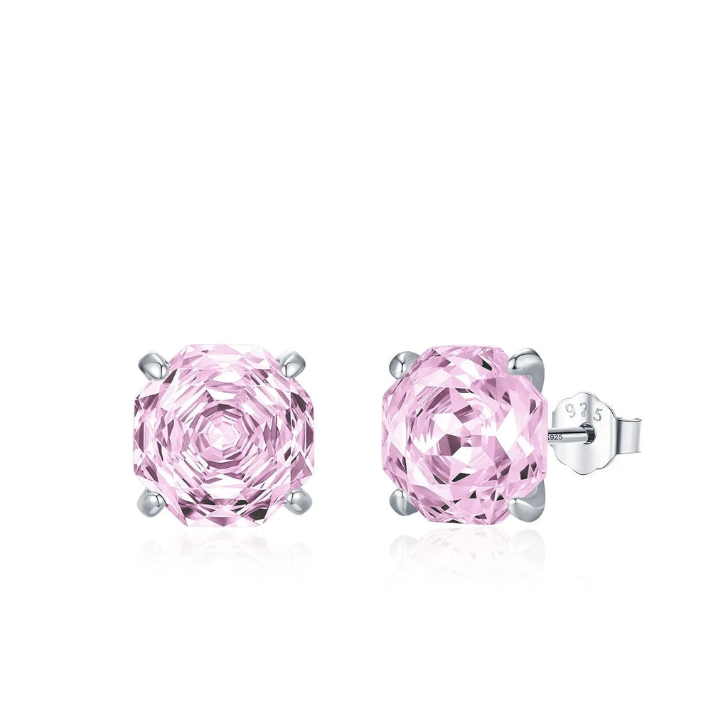 Close-up of S925 sterling silver rose stud earrings for women in pink, showing 6mm and 8mm size options.