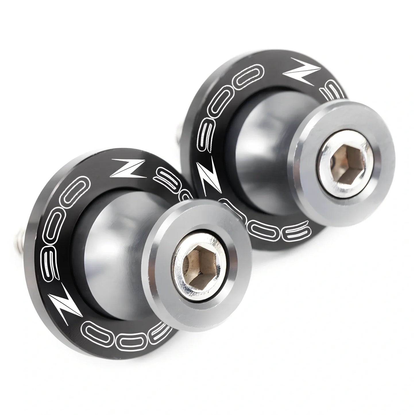 Pair of 8mm CNC aluminium swingarm spools sliders in titanium for Kawasaki Z650 Z900, with Delrin contact and stainless bolts