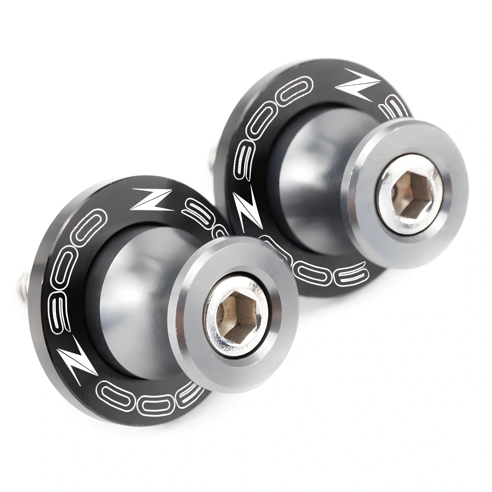 Pair of 8mm CNC aluminium swingarm spools sliders in titanium for Kawasaki Z650 Z900, with Delrin contact and stainless bolts