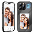 Black plastic flip phone case for iPhone 15 Pro with visible NFC chip and blank ink screen panel for DIY designs.