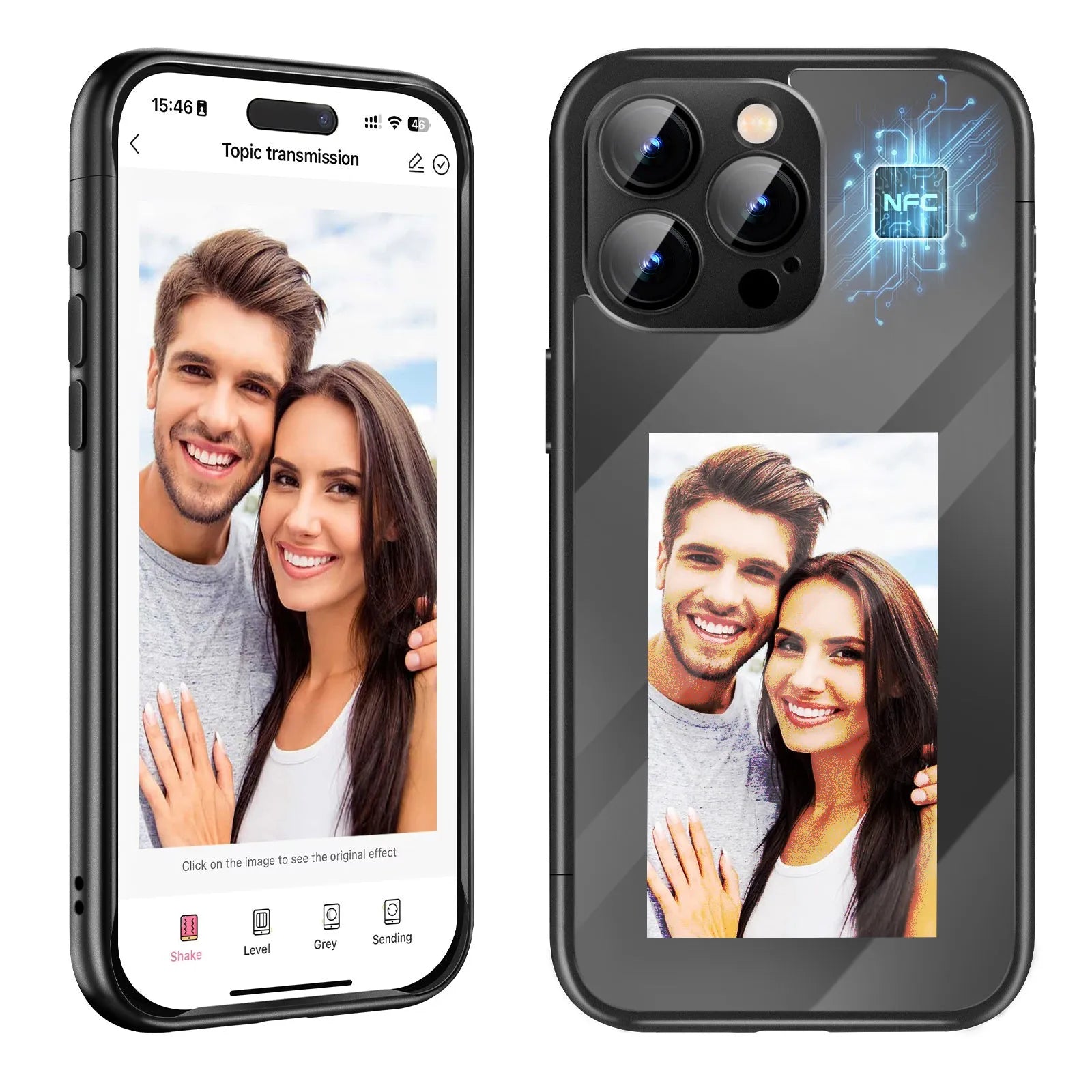 Black plastic flip phone case for iPhone 15 Pro with visible NFC chip and blank ink screen panel for DIY designs.
