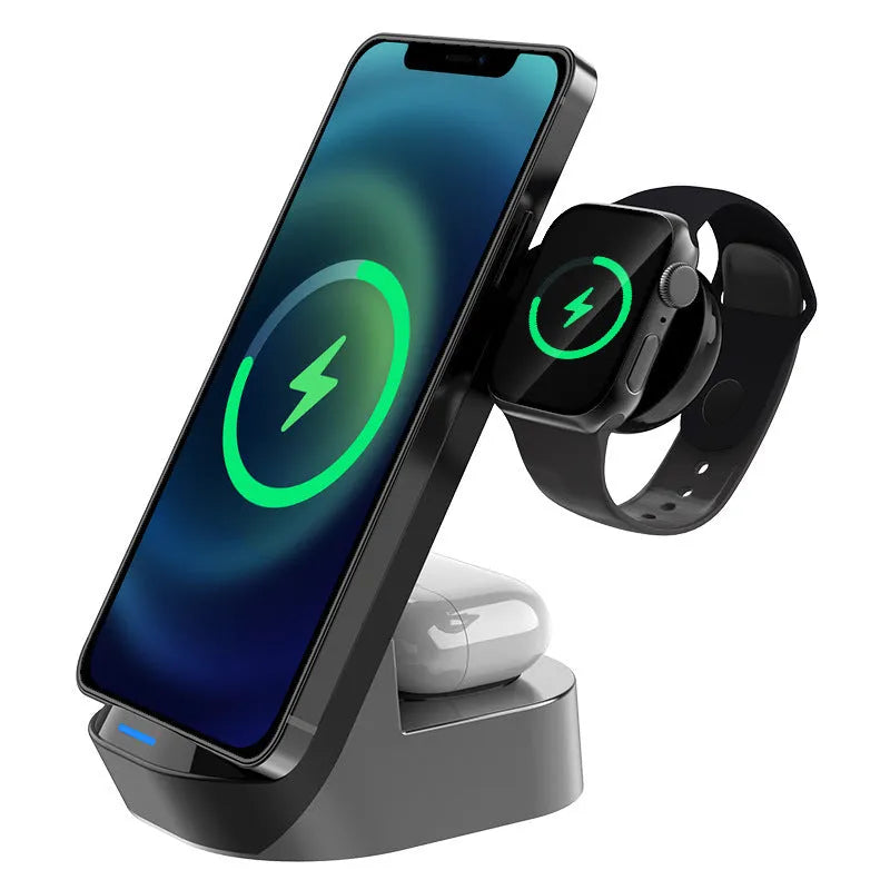 Black and grey foldable 3-in-1 wireless charging stand for mobile phone, watch, and earbuds.