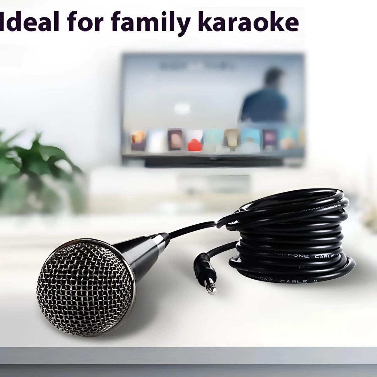 Black wired moving coil sound card live microphone with 3-metre thread cable on a table