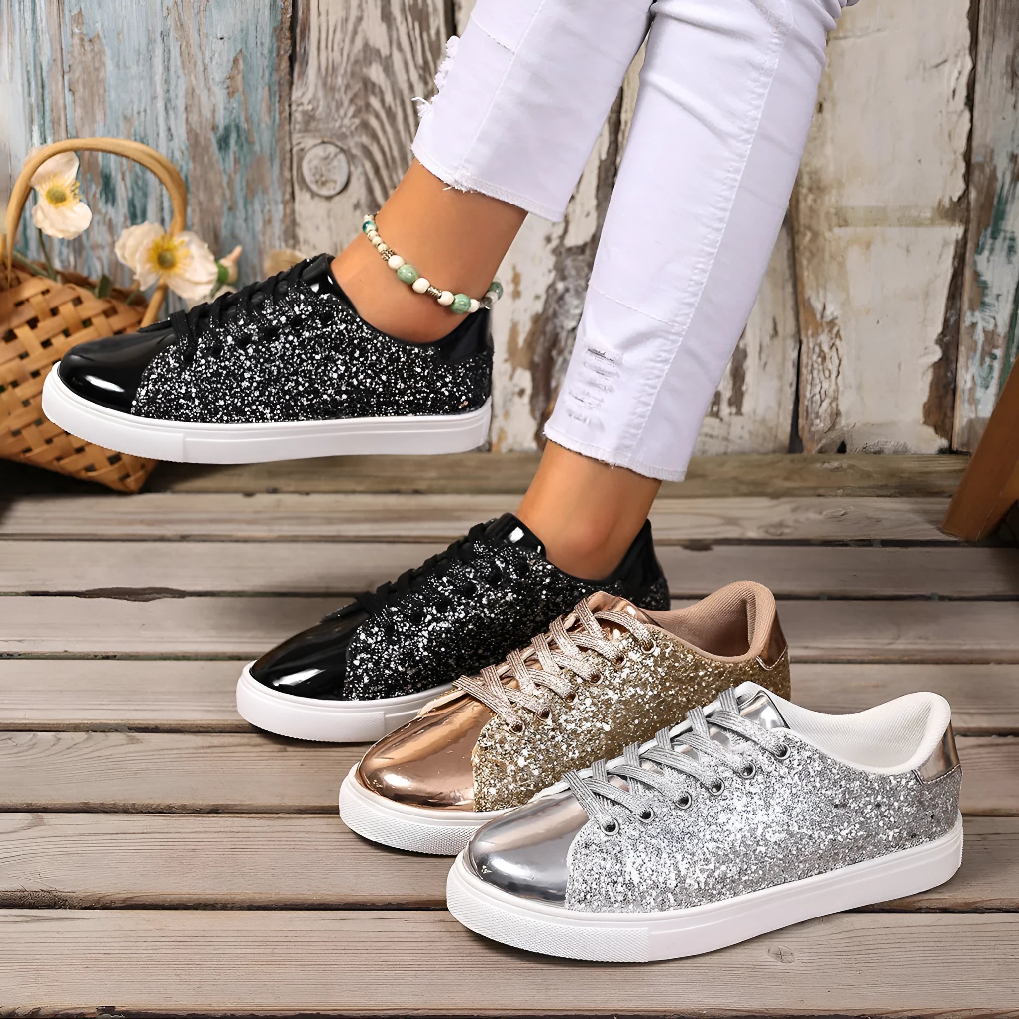 Women's plus size black sequined lace-up board shoes with a flat heel and round toe on a white background