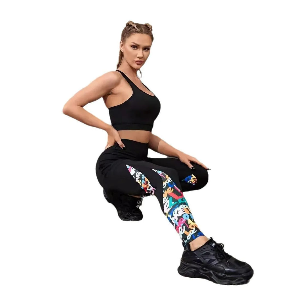 Women's high-waist colour contrast patchwork leggings with side pocket for fitness and yoga wear