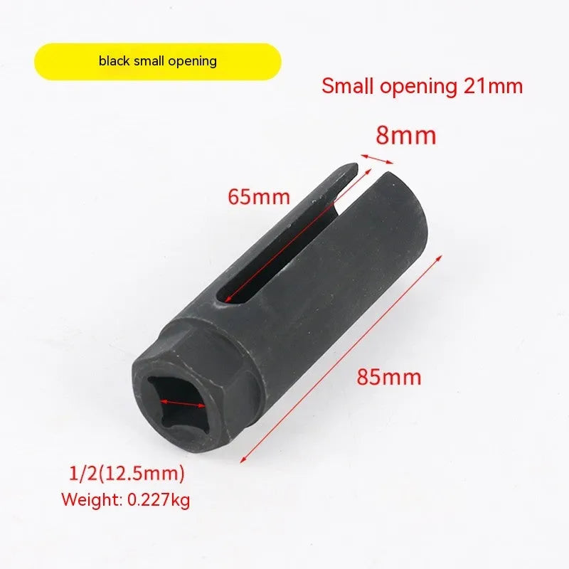 Black chromium vanadium steel oxygen sensor sleeve with 22mm thread for Japanese automotive applications.