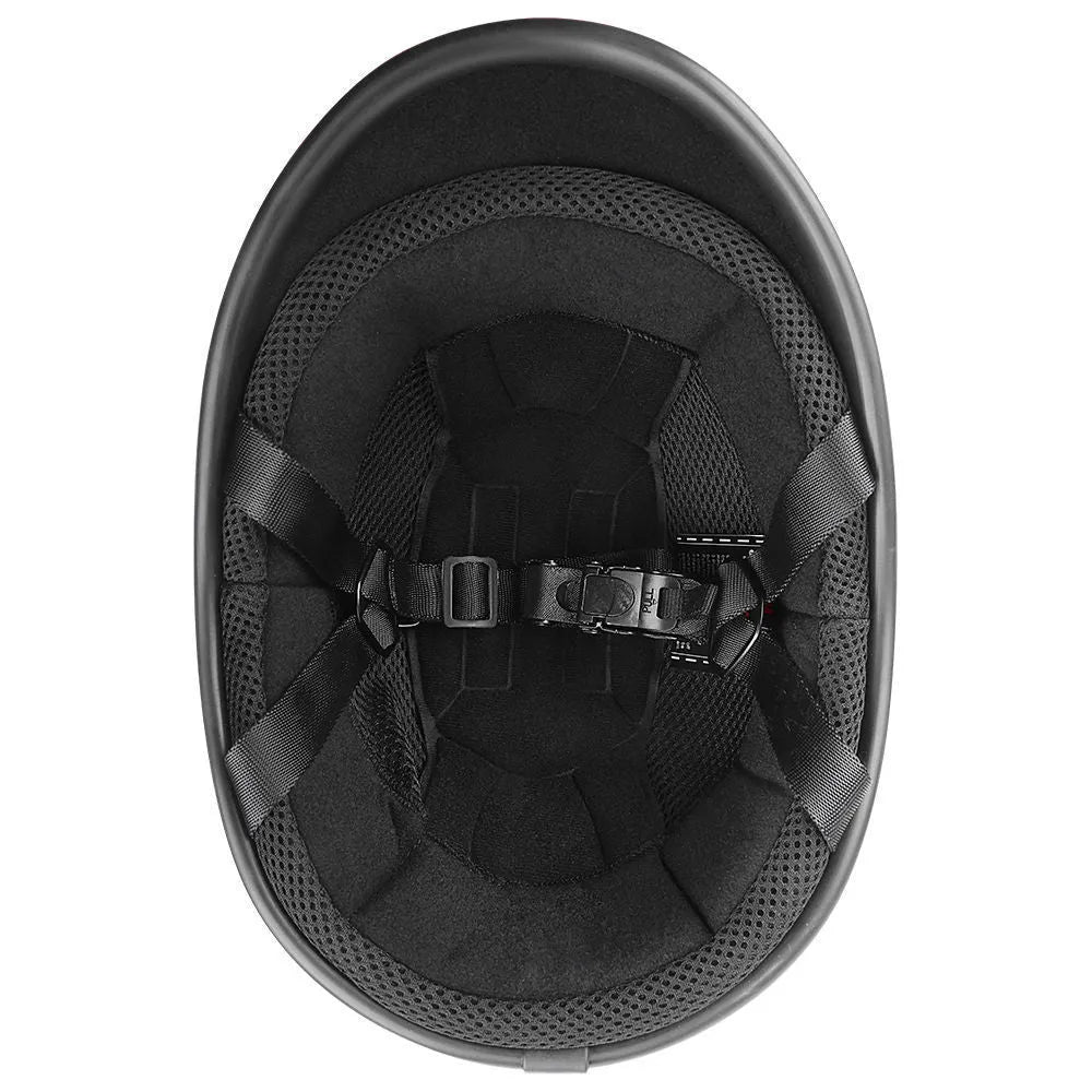 Retro style full face ABS motorcycle helmet shown in matte black finish on a stand.