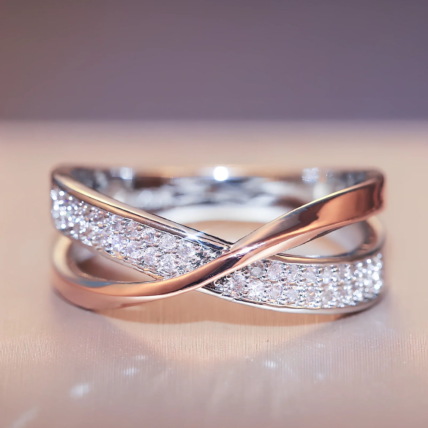 Women's X-shaped two-tone copper ring with zircon inlays, gold and silver options, sizes 6-10, 3.9g weight