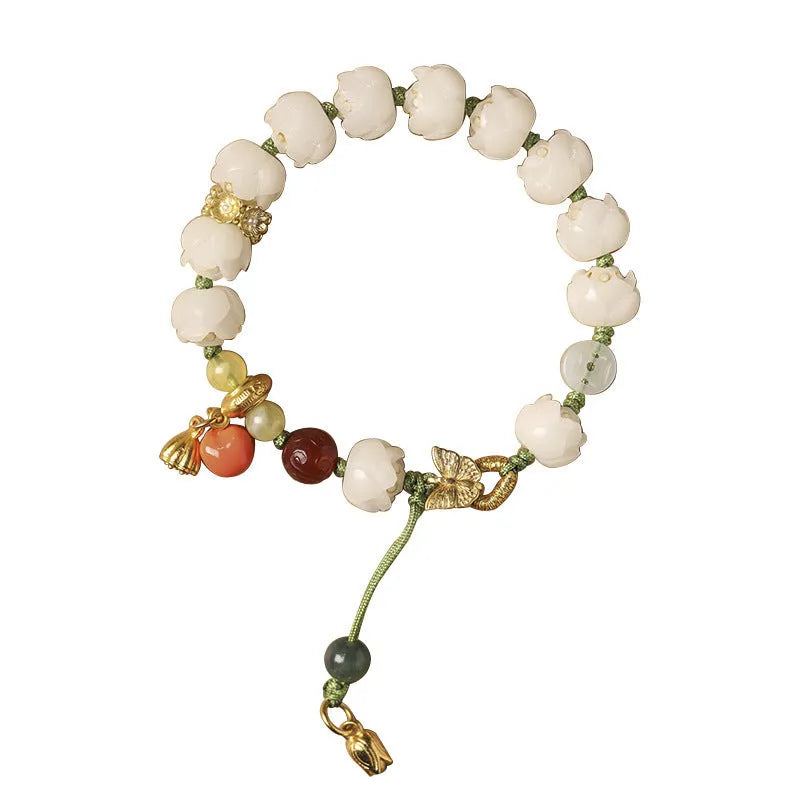 White jade bodhi bracelet with hand-woven lotus and pumpkin beads on open rope