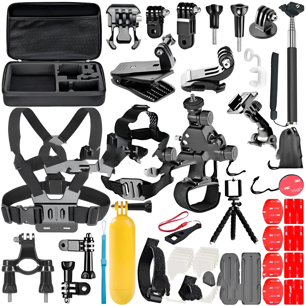 Black GoPro accessories set with chest strap, helmet mount, and tripod for action cameras